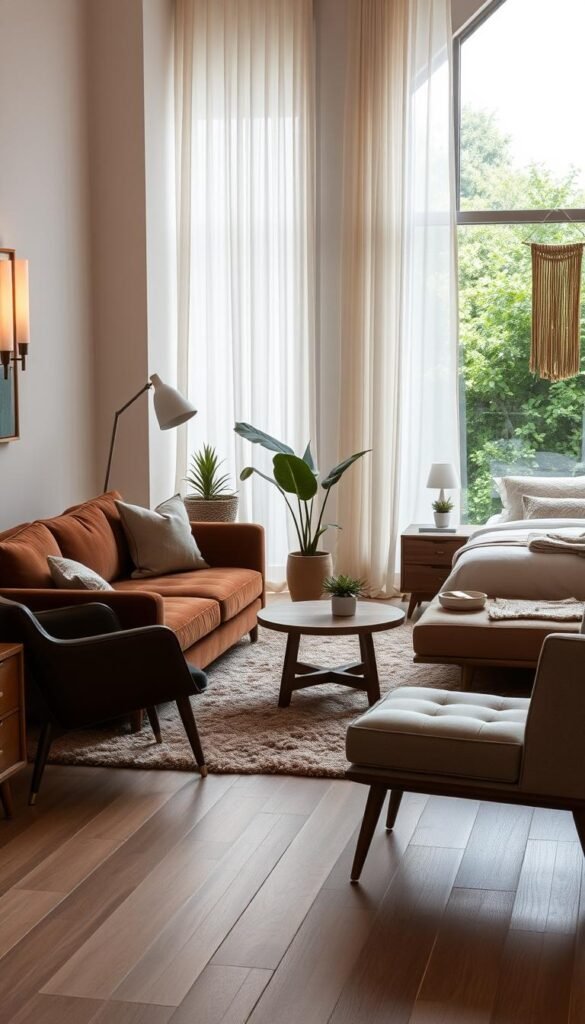 5 aesthetic room decor ideas Stylish living area featuring an orange sofa, a round coffee table, and large windows with sheer curtains, adorned with plants and modern lighting