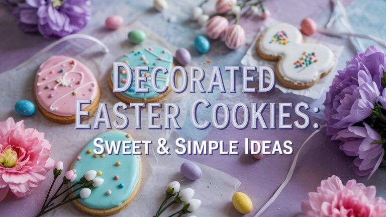 A vibrant collage of decorated Easter cookies featuring marbled pastel eggs, speckled robin’s egg cookies, bunny ear cookies with glitter, flower crown bunny cookies, and chick and egg duo cookies. The cookies are arranged on a pastel-colored background with festive sprinkles and flowers, showcasing creative and easy-to-make Easter treats.