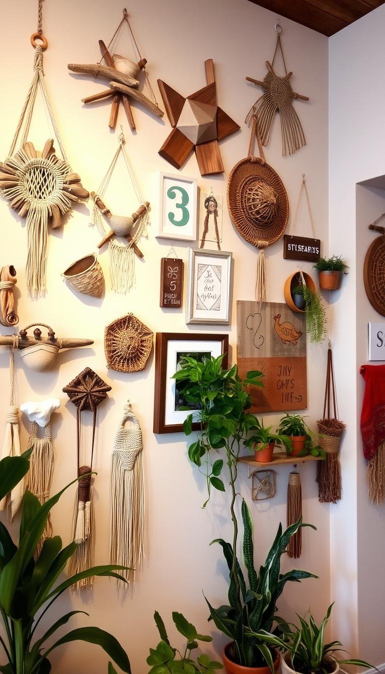 A decorated wall showcasing a variety of macramé art, woven baskets, and wooden frames, complemented by hanging plants and greenery.