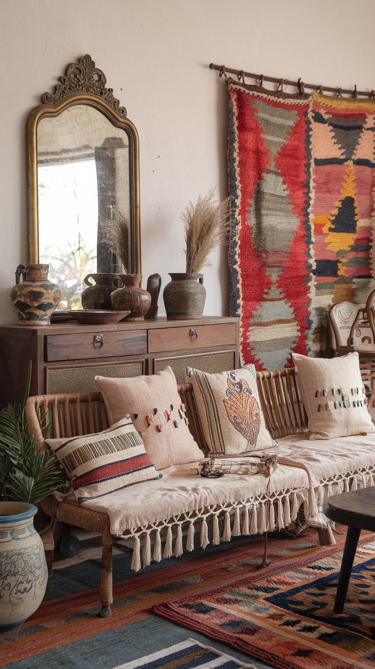 Eclectic boho living room with vintage furniture and layered decor