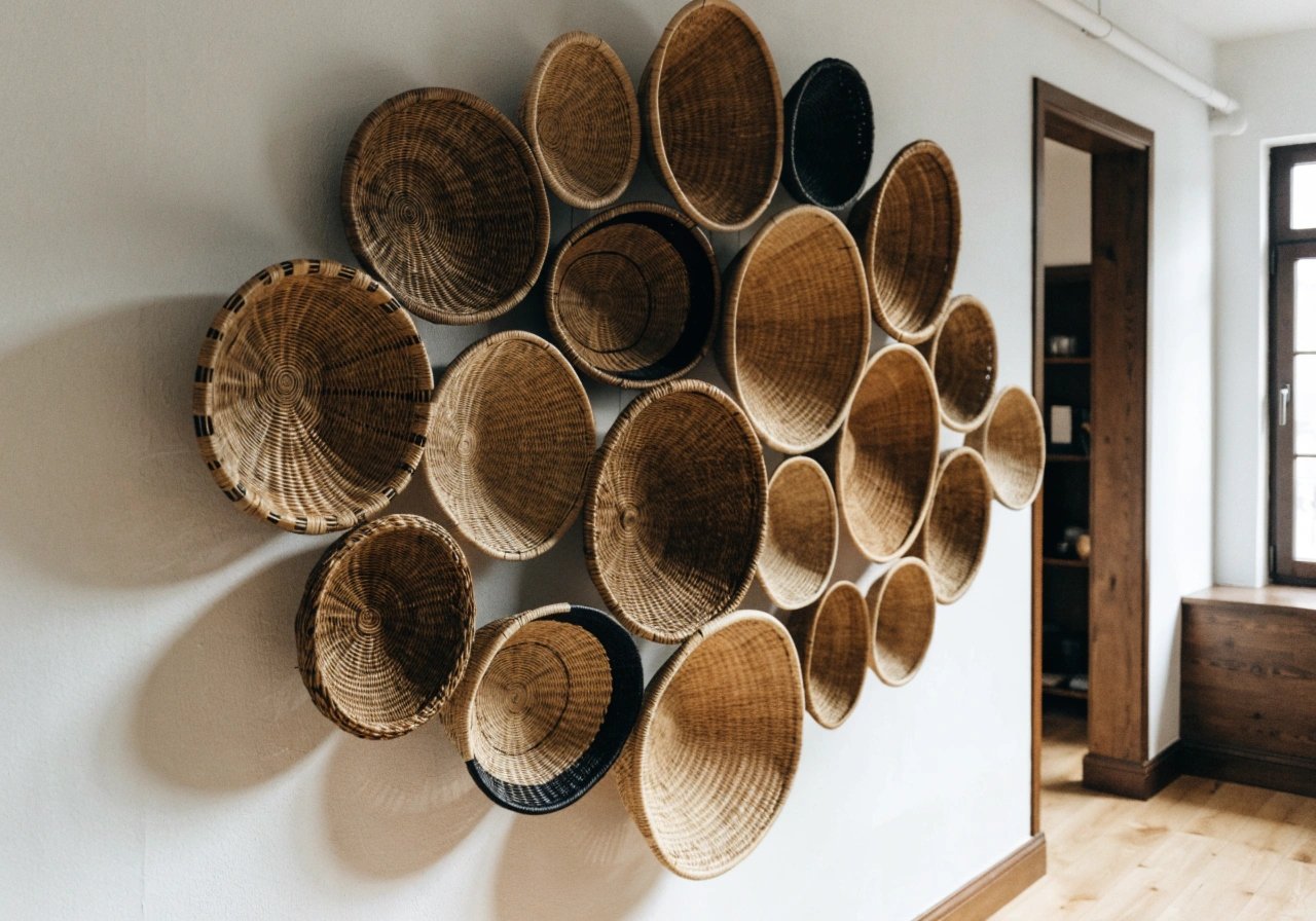 Woven basket wall arrangement in natural jute and black patterns