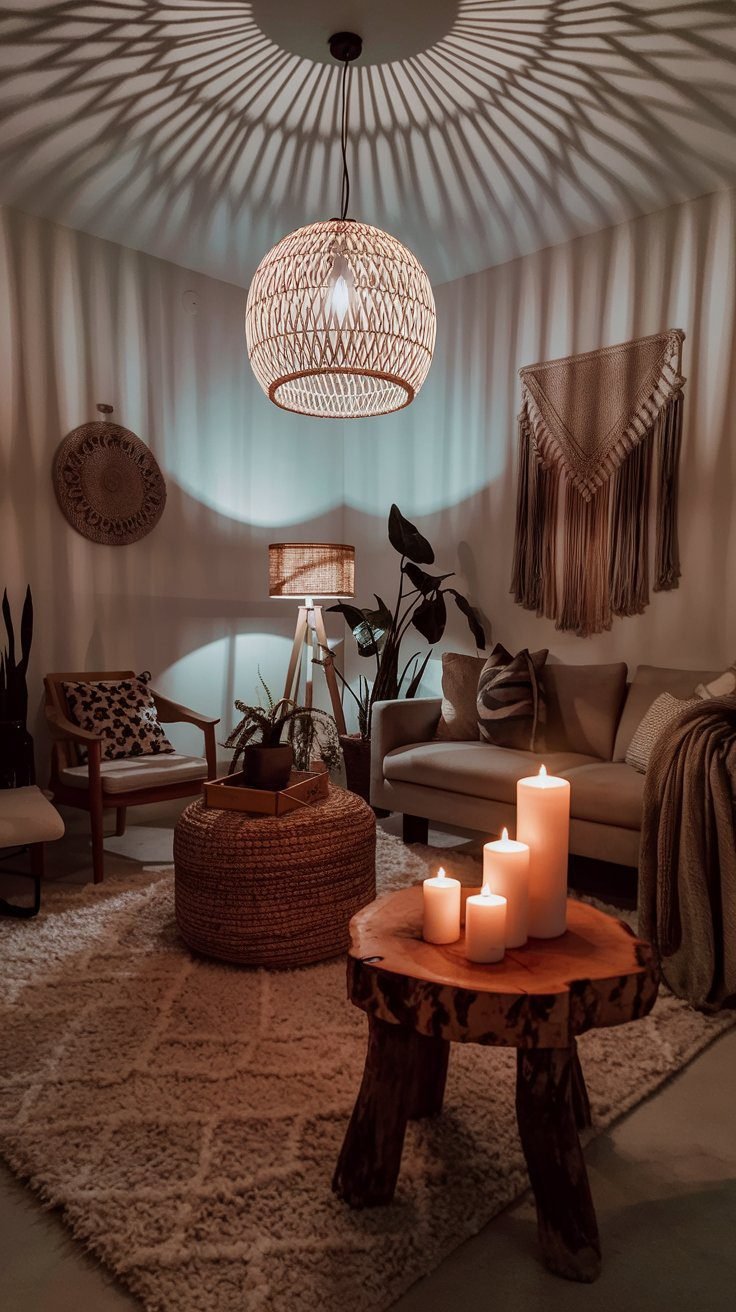 Boho living room at dusk with warm layered lighting and woven pendant shade
