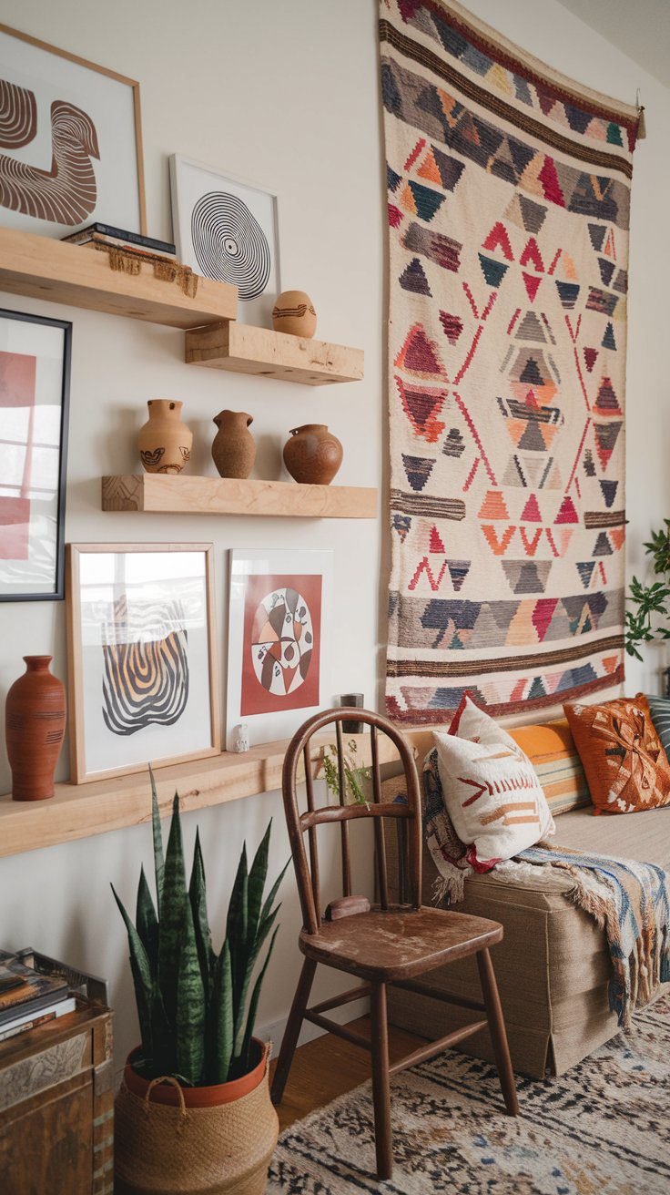 Boho living room wall with handmade art woven decor and collected accessories
