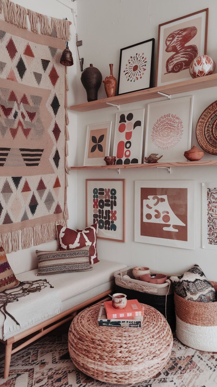 Boho wall styling with fiber art pottery and personal decor