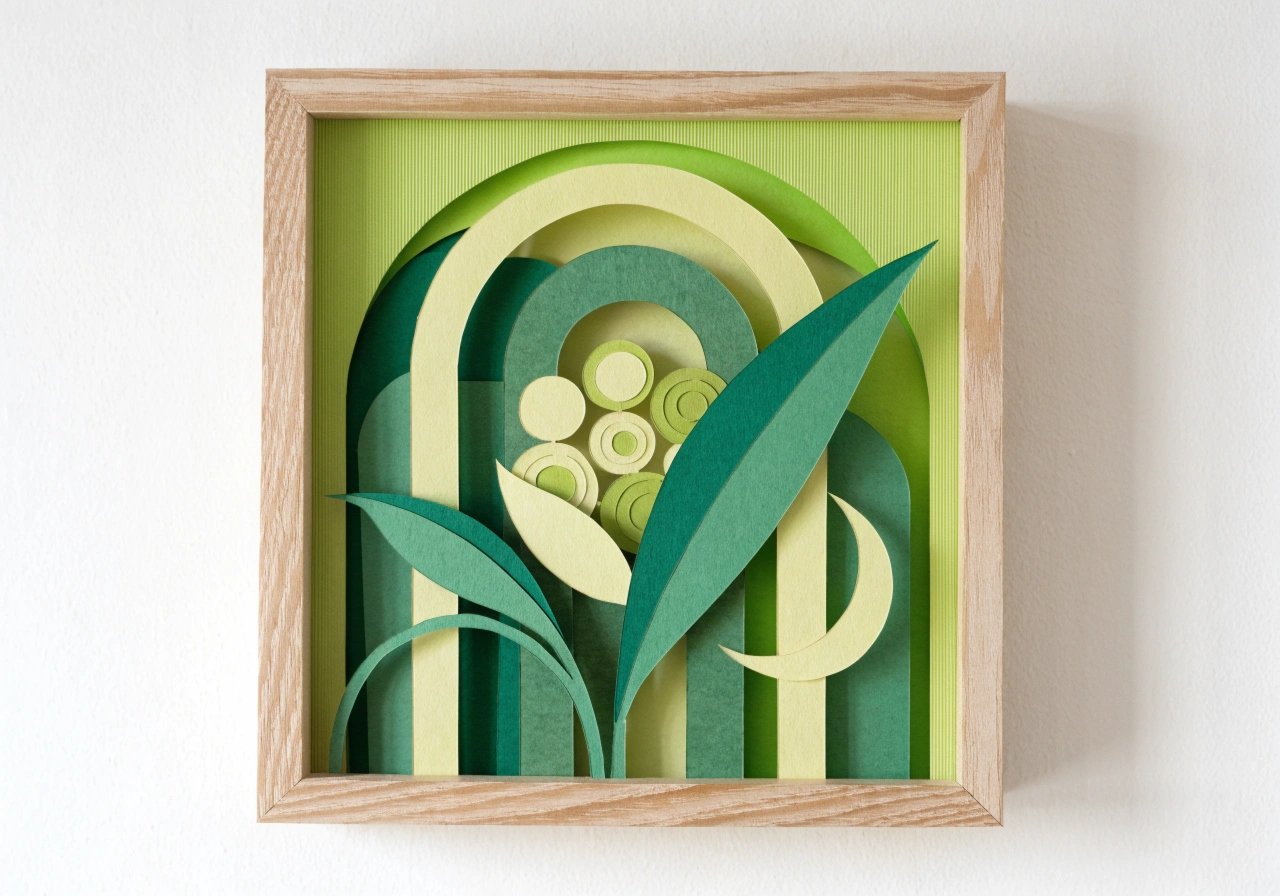 Layered paper shadow box wall art with green mountain and forest design