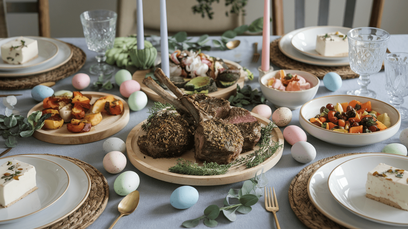A beautifully set Easter dinner table featuring herb-crusted lamb chops, roasted vegetables, colorful salads, and dessert options, surrounded by pastel-colored Easter eggs and spring decorations. Elegant glassware and decorative candles complete the festive atmosphere.