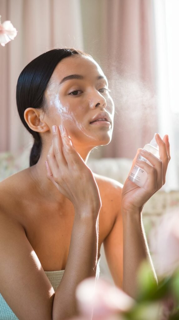 Model with a radiant, dewy glass skin complexion, exemplifying the glass skin glow trend