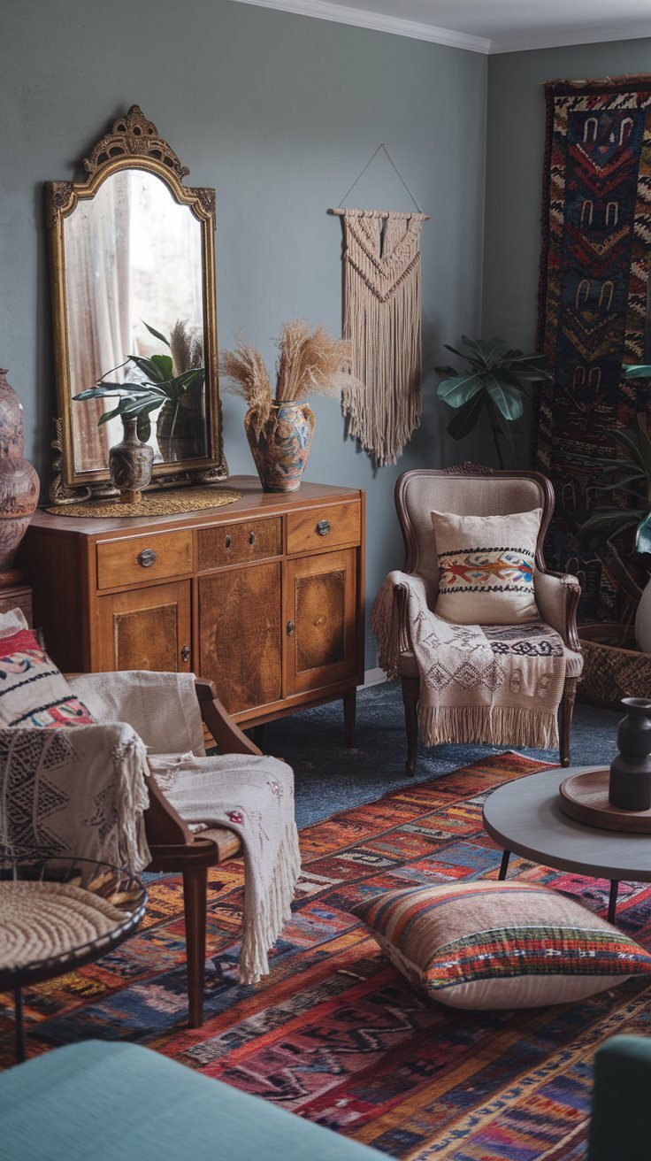 Boho living room mixing vintage furniture patterned rug and natural decor