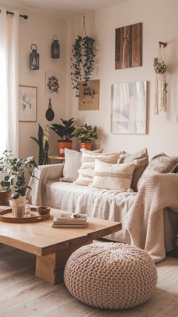 Boho living room with linen sofa and low wood coffee table