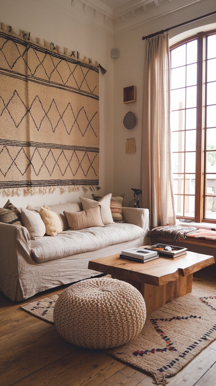 Boho living room with low furniture and relaxed seating layout