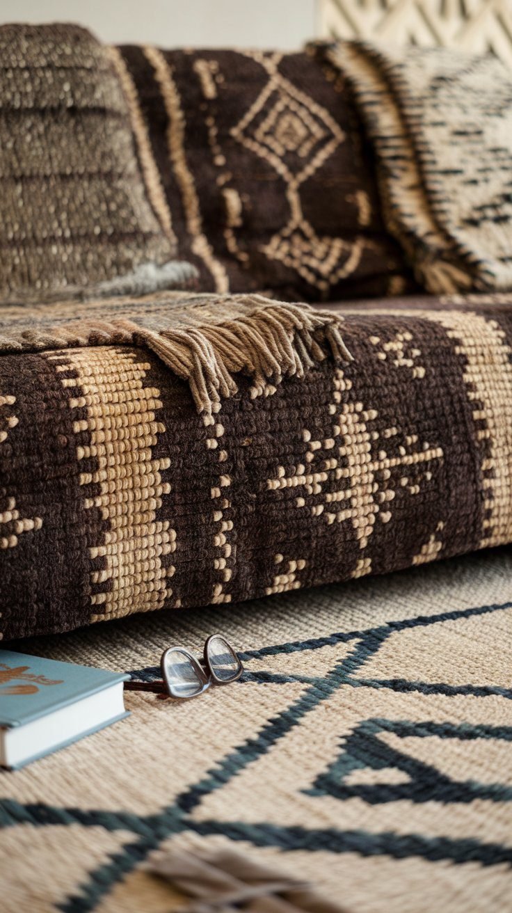 Close-up of layered boho textiles and tactile natural materials