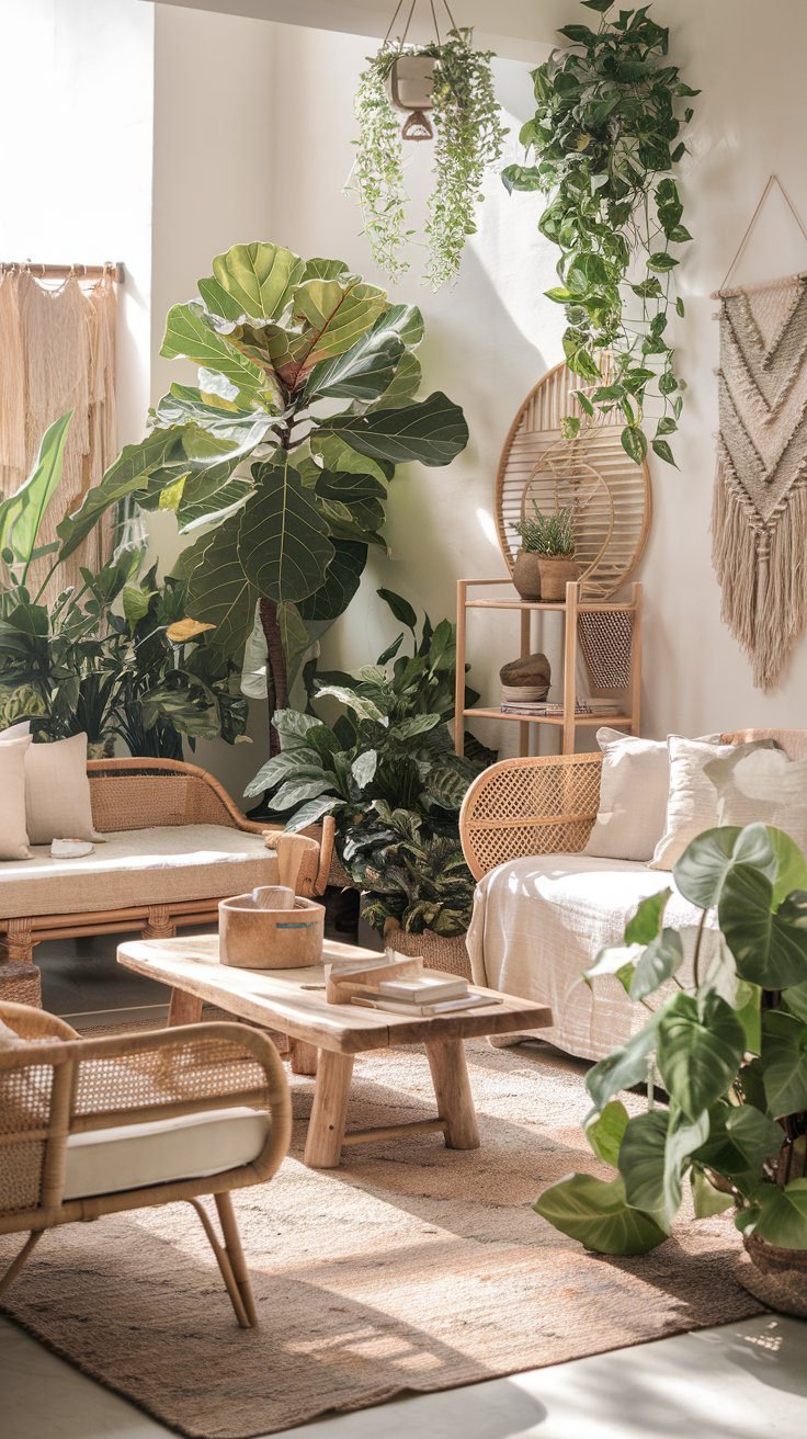 Bohemian living room with hanging greenery and woven planters