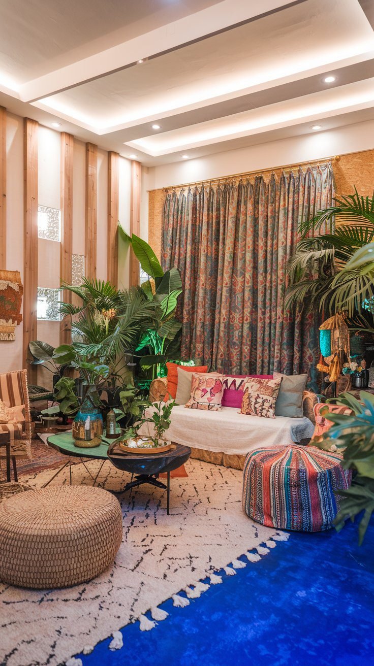 Cozy boho living room with layered natural textures and warm neutral decor