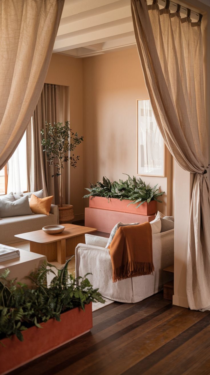 Warm earthy boho living room with linen drapes ochre textiles and terracotta accents