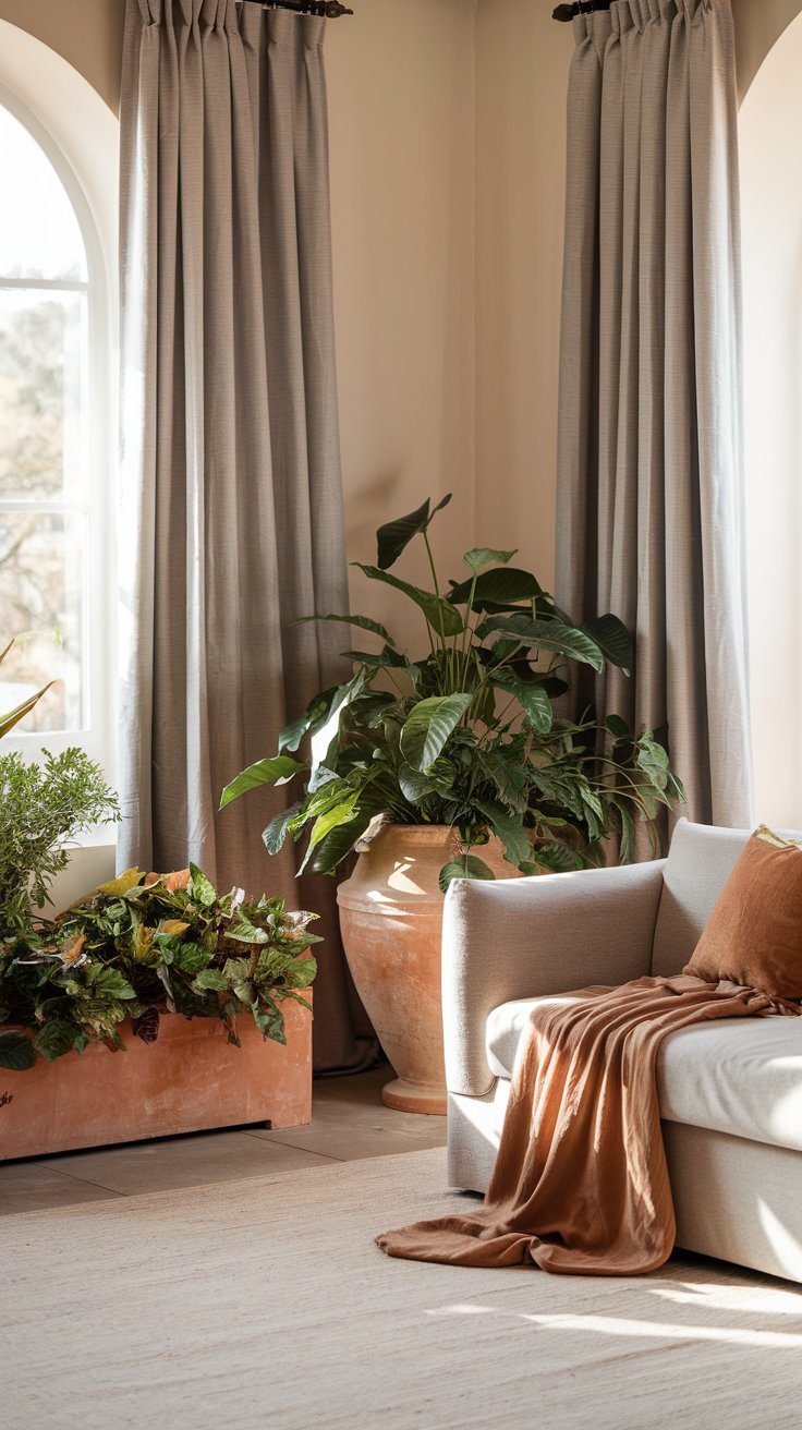 Earthy boho living room with warm neutral palette and natural textures