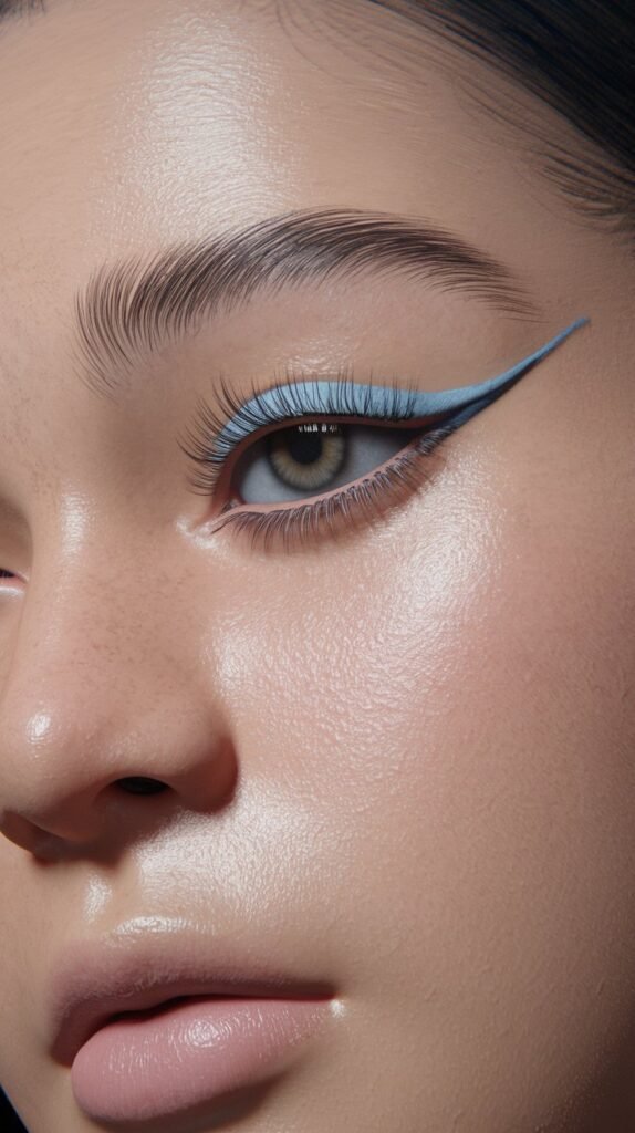 Eye with graphic floating eyeliner in a pastel shade, creating a bold and artistic makeup look