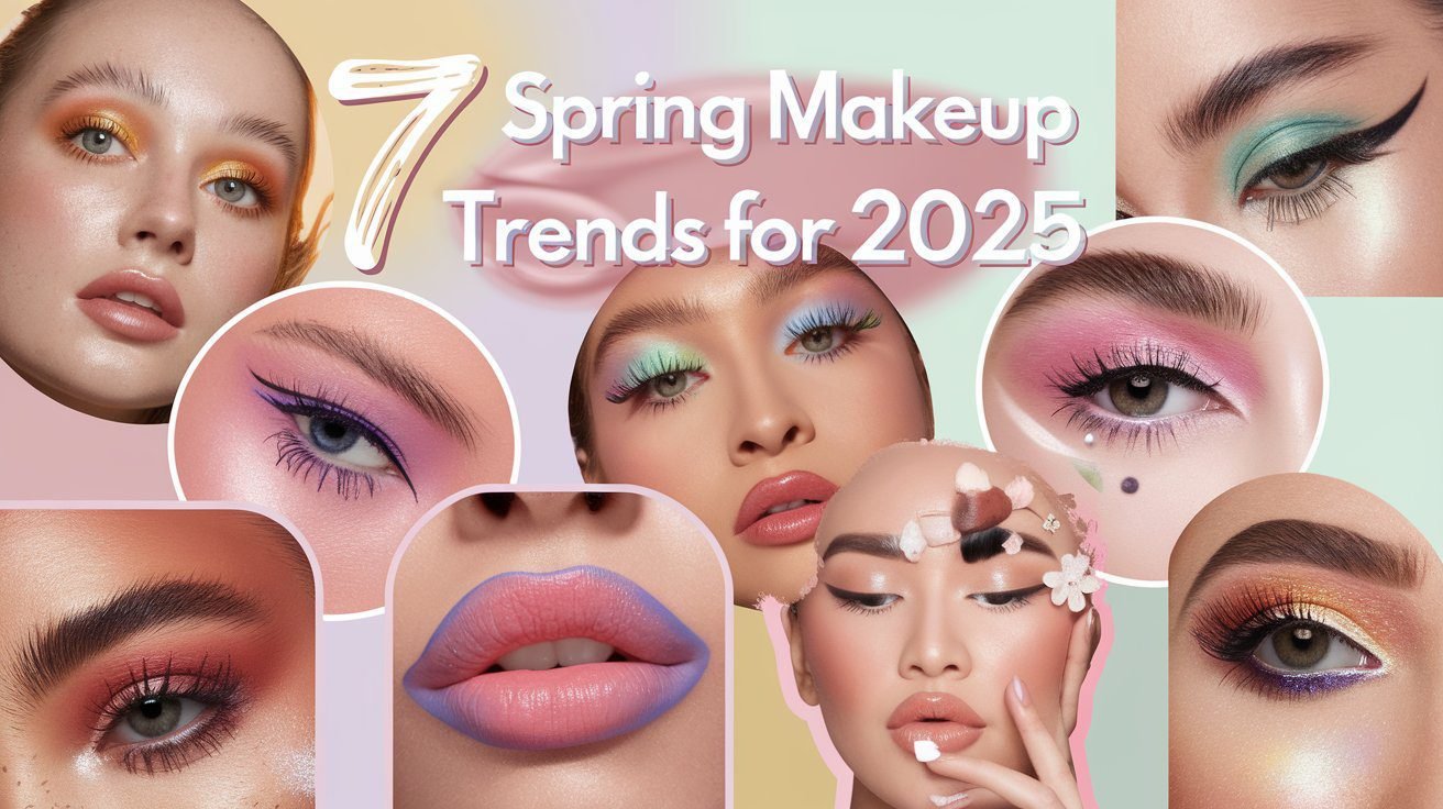 A stylish collage showcasing the top 7 spring 2025 makeup trends, including glass skin, pastel eyeshadows, bold lips, floating eyeliner, soft blurred blush, laminated brows, and glossy lids.