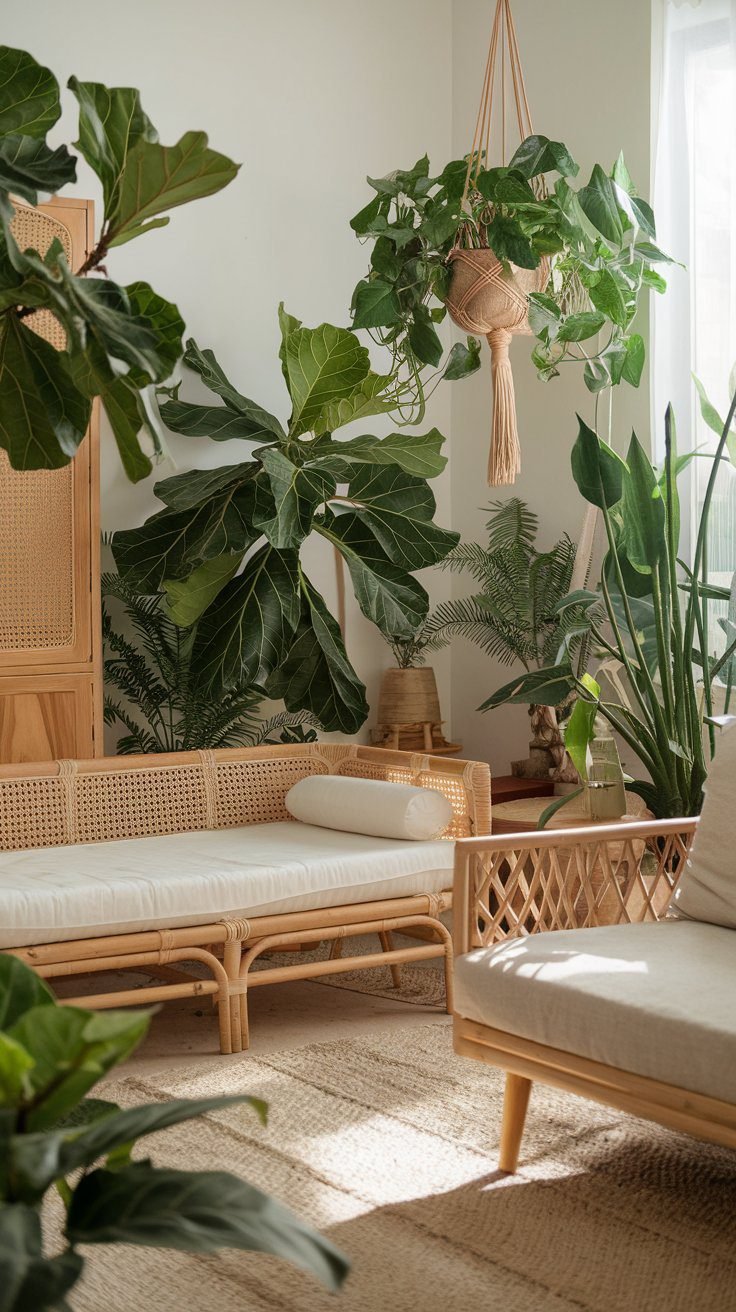 Serene bohemian living room with indoor plants woven baskets and natural wood accents