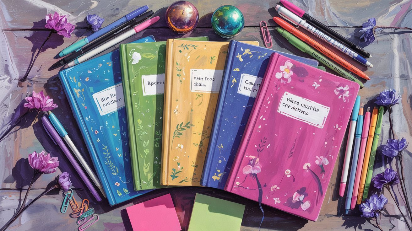 A vibrant flat lay of multiple open notebooks arranged in a semi-circle, each labeled with creative uses like gratitude journaling, travel logging, and fitness tracking. Surrounding the notebooks are colorful pens, sticky notes, and small decorative items on a light wooden desk, showcasing the versatility and creativity of blank notebooks.
