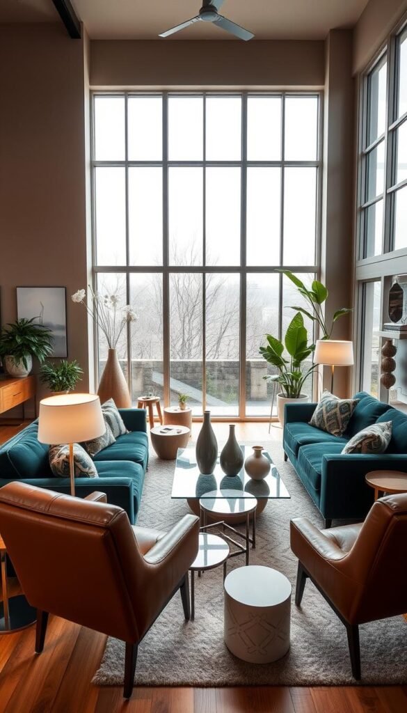 chic room decor Modern living room featuring teal sofas, a glass coffee table, and large windows allowing natural light, complemented by decorative vases and indoor plants.