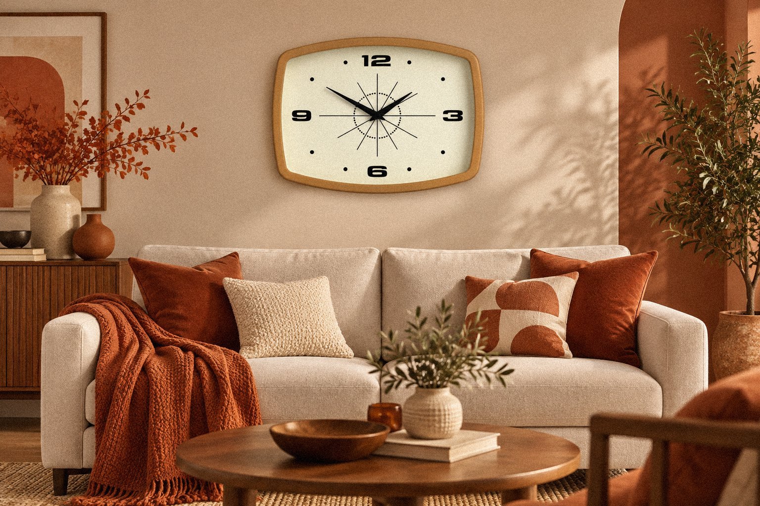 Mid-century wall clock styled with colorful modern living room decor