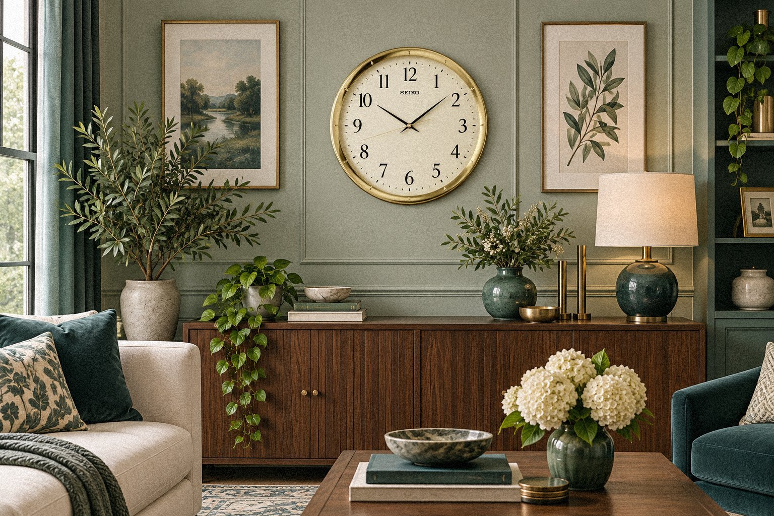 Quiet sweep modern wall clock styled in a calm bedroom or home office interior