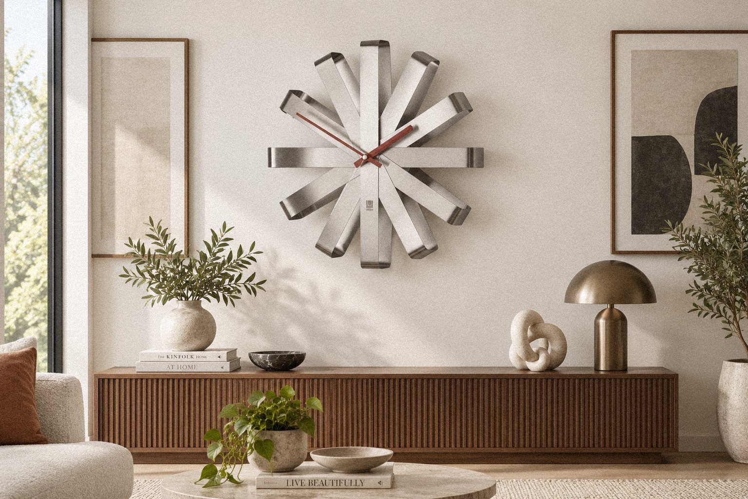 Sculptural metal wall clock styled in a modern designer living room