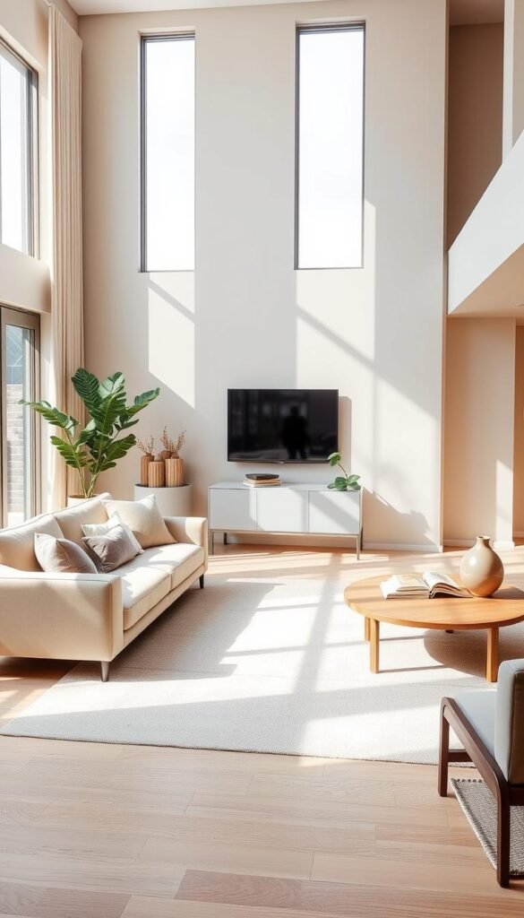 cohesive color schemes in modern room decor Bright and modern living room with a beige sofa, a sleek white TV unit, green plants, and large windows allowing natural light to fill the space