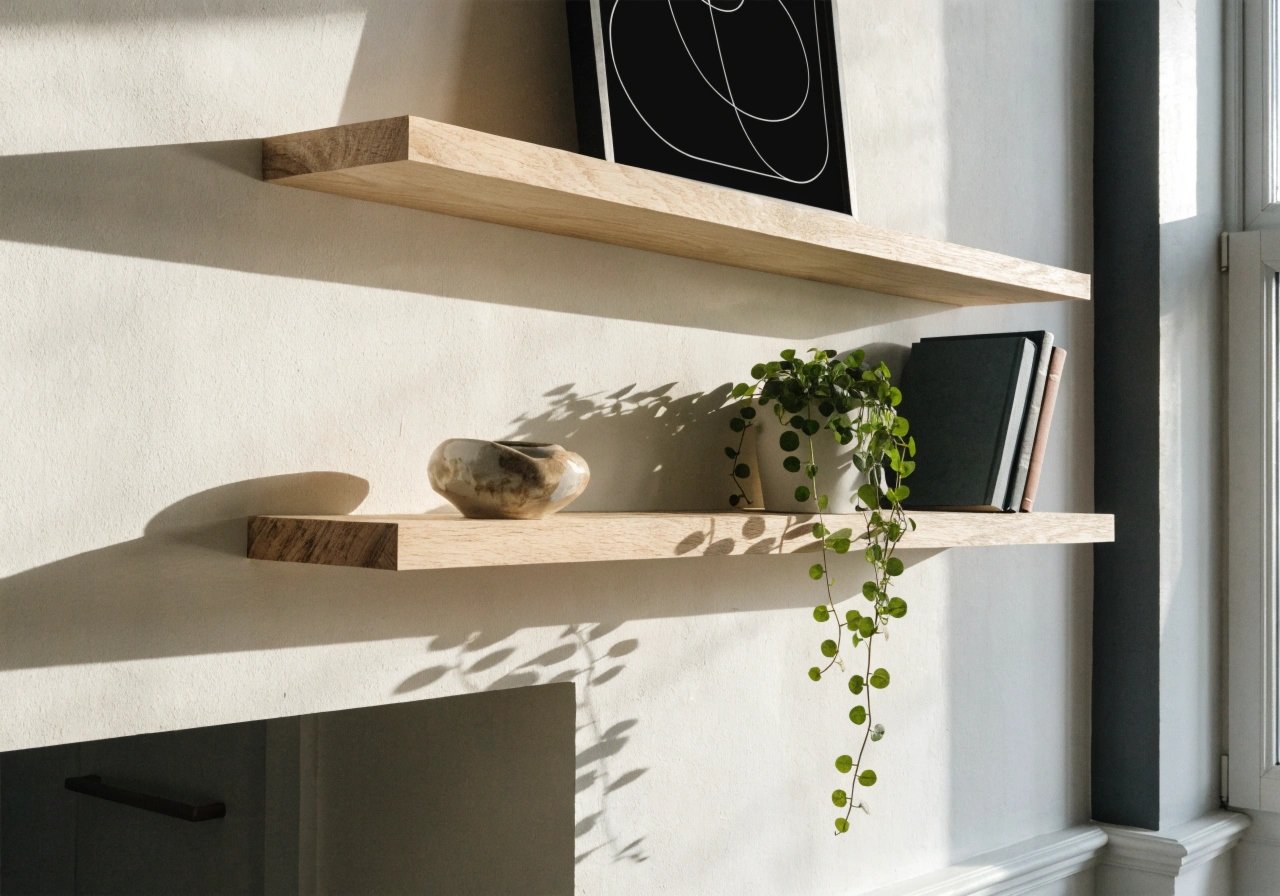 Wood floating shelves styled with plants books and neutral ceramics