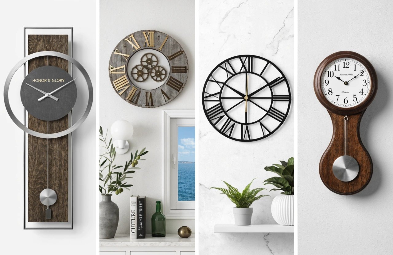 Warm wood wall clocks in natural finishes styled across modern interiors