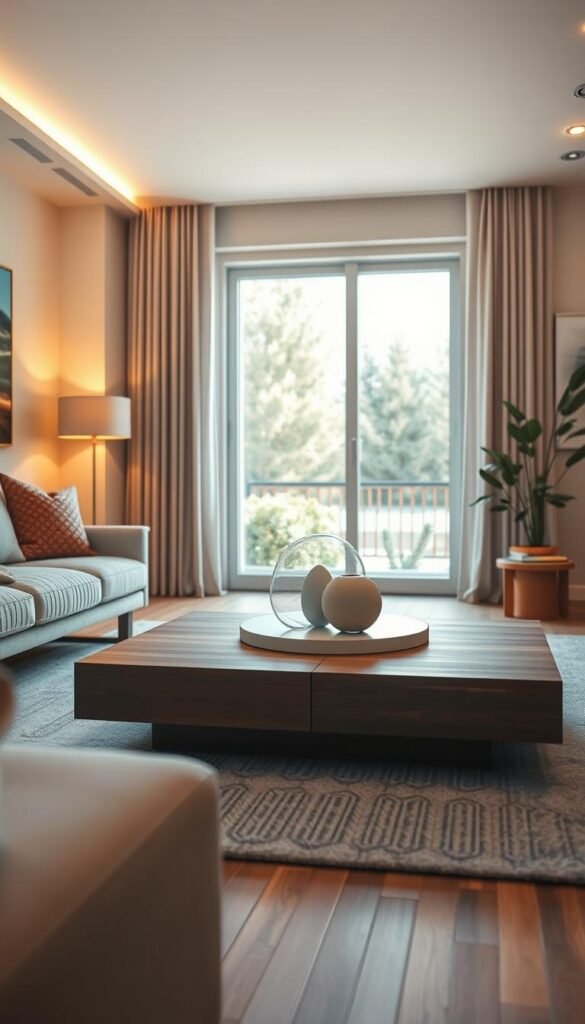 functional decor Modern living room featuring a wooden coffee table with decorative items, a light gray sofa, and large sliding glass doors opening to a patio