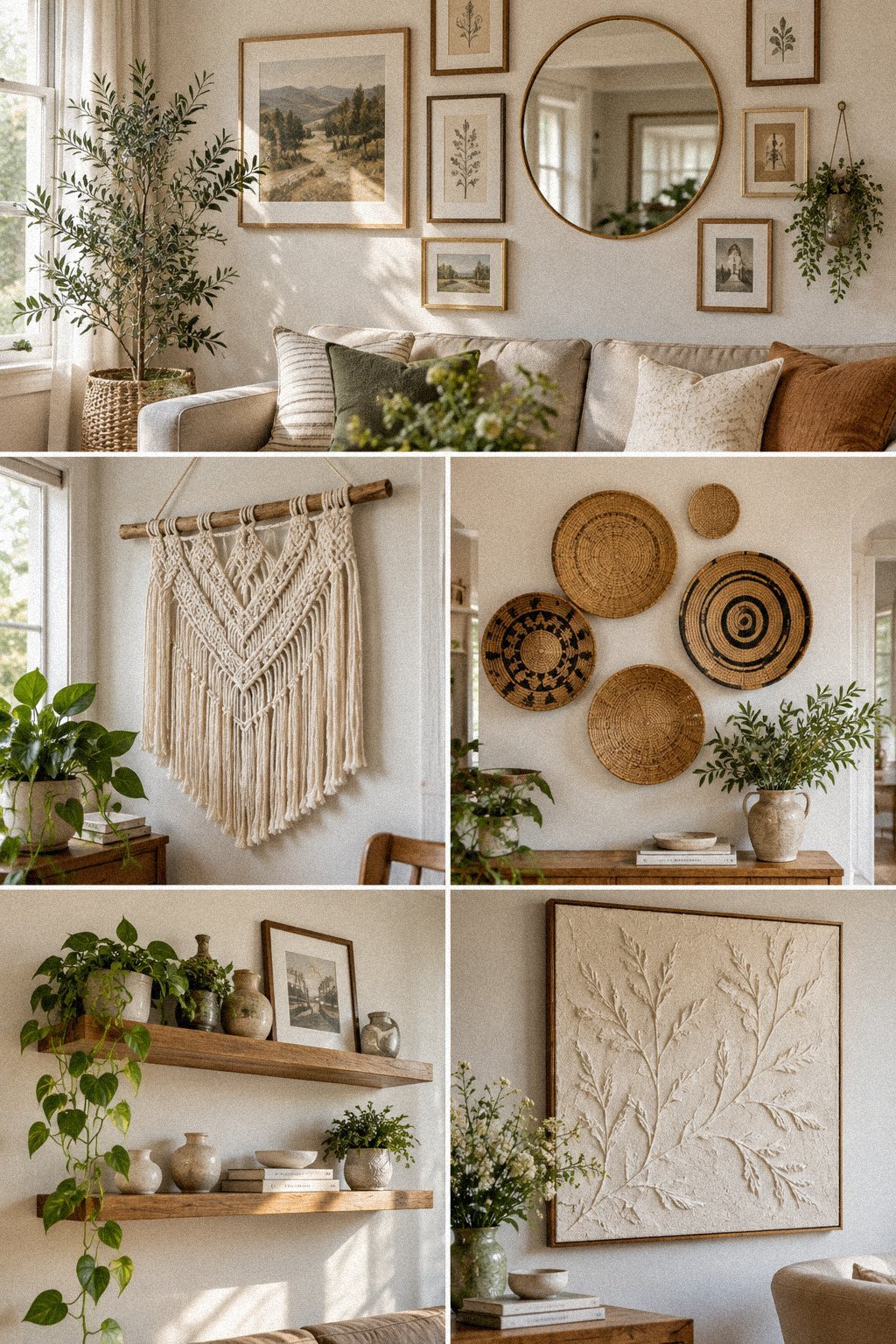 DIY wall hanging ideas with macrame, woven baskets, floating shelves and framed wall art