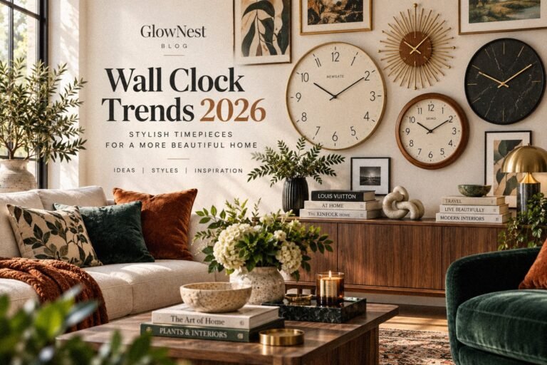 Designer living room with modern wall clocks in brass, wood and black finishes for 2026 decor trends
