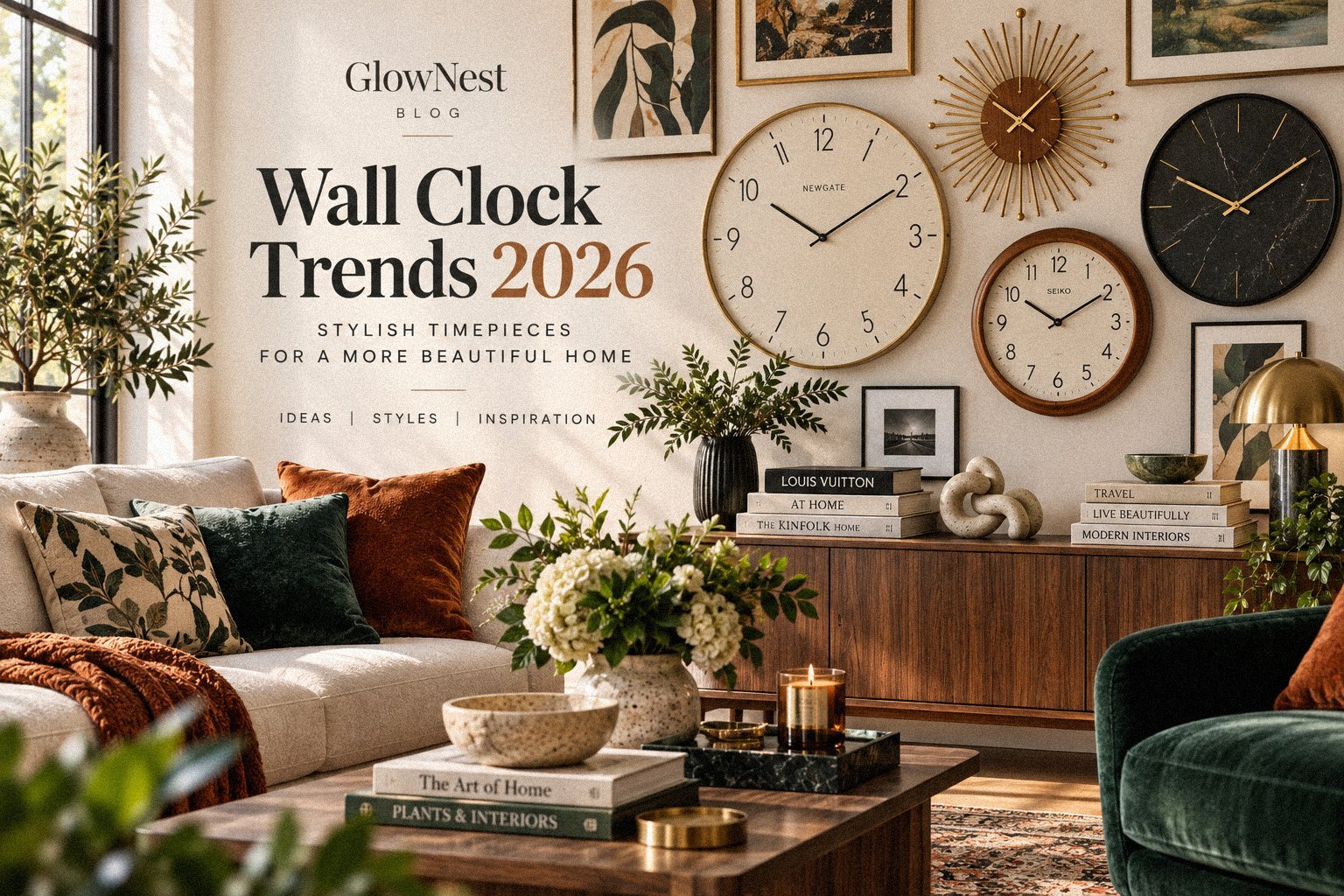 Designer living room with modern wall clocks in brass, wood and black finishes for 2026 decor trends