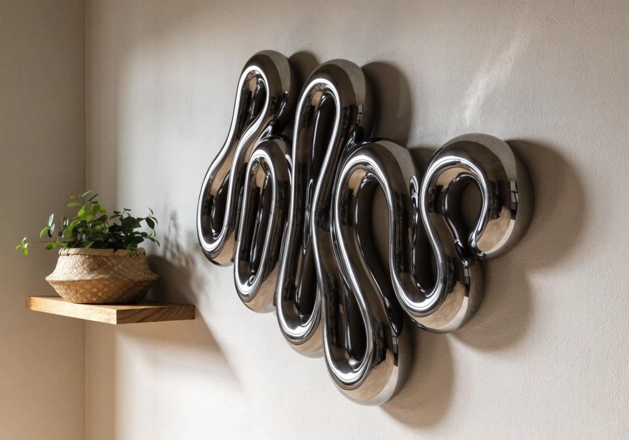 Round metal tree wall art styled above a warm wood console