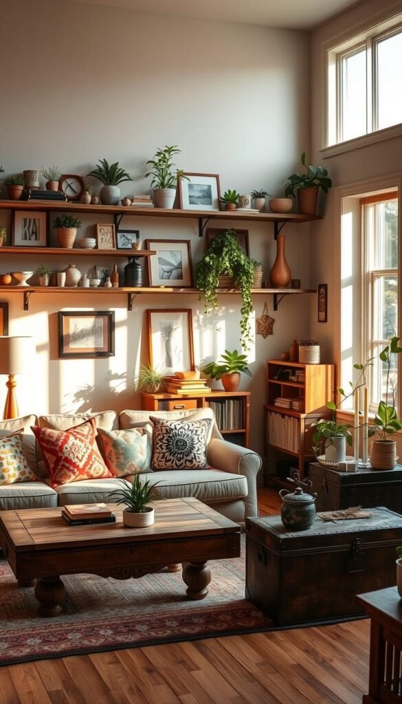 A warm and inviting living room adorned with plants, framed artwork, and colorful throw pillows on a comfortable sofa, illuminated by natural light from a window.