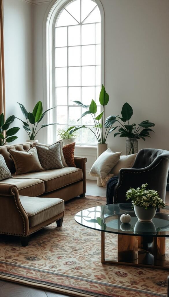 incorporating textures in chic room decor Cozy living room featuring a tan sectional sofa with decorative pillows, a glass coffee table, and large green plants by the window
