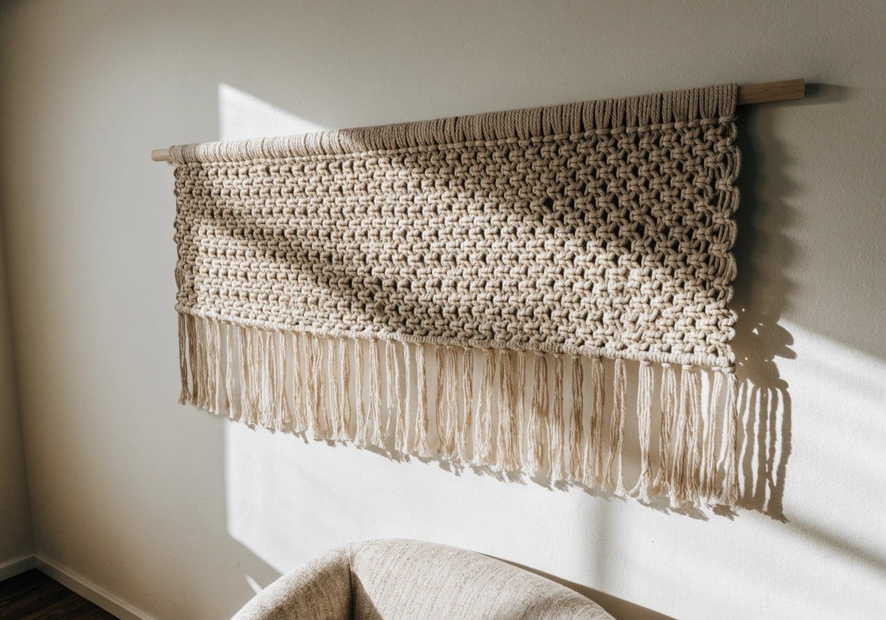 Oversized cream macrame wall hanging styled in a neutral living room