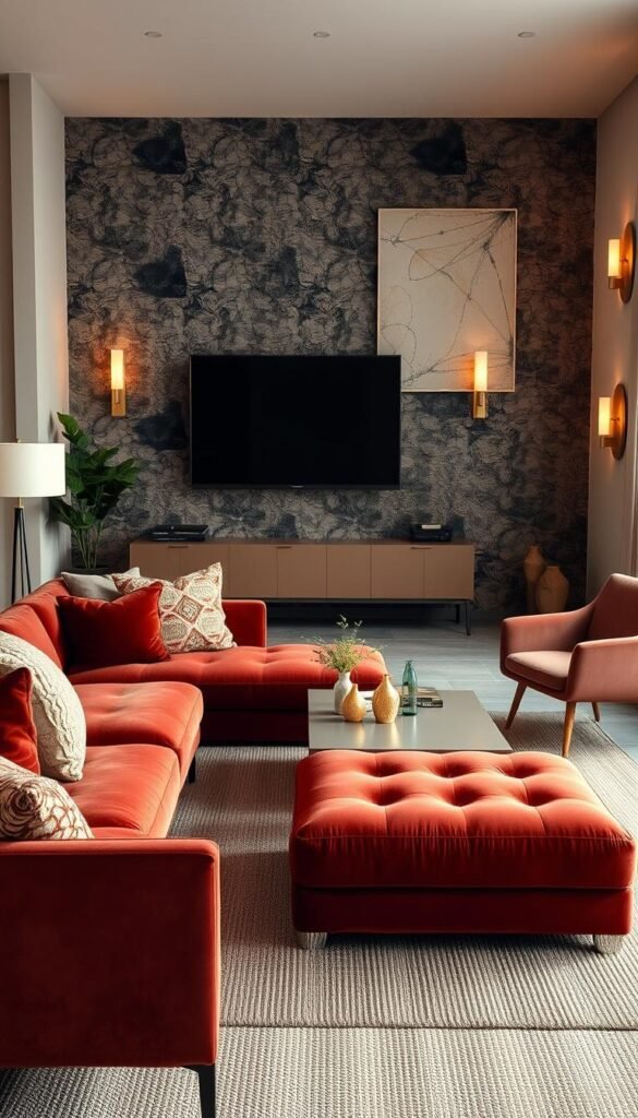 trendy room decor Contemporary living room featuring a deep orange sectional sofa, a glass coffee table, and textured wall accents with modern lighting