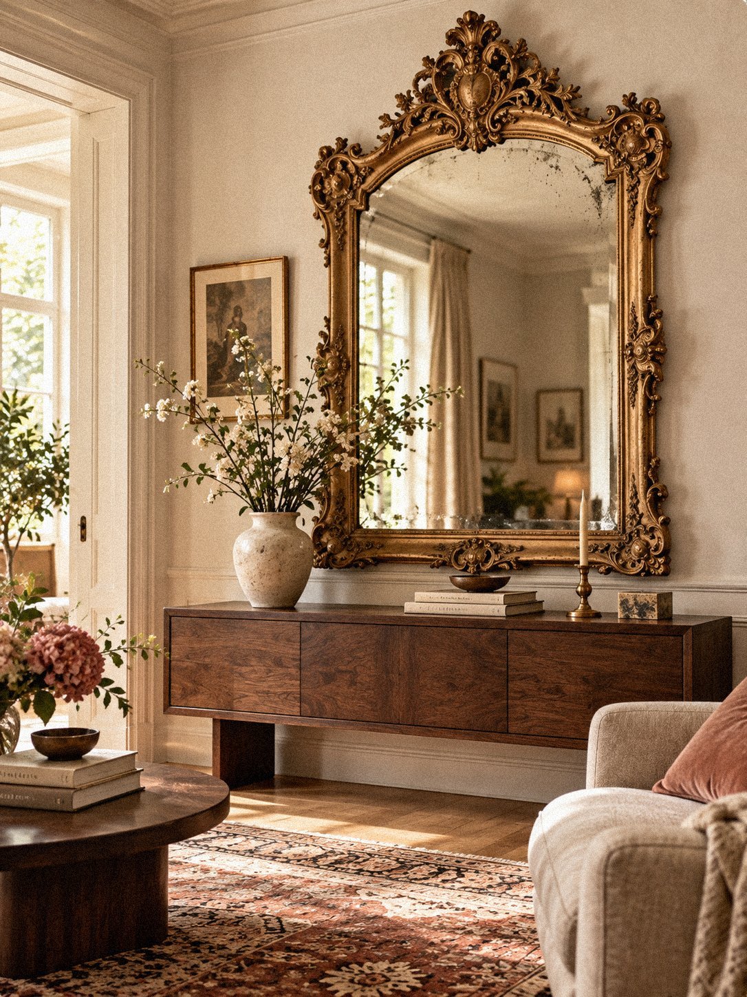 Vintage eclectic decor featuring an ornate antique gold mirror above a modern walnut console in a warm, neutral living room.