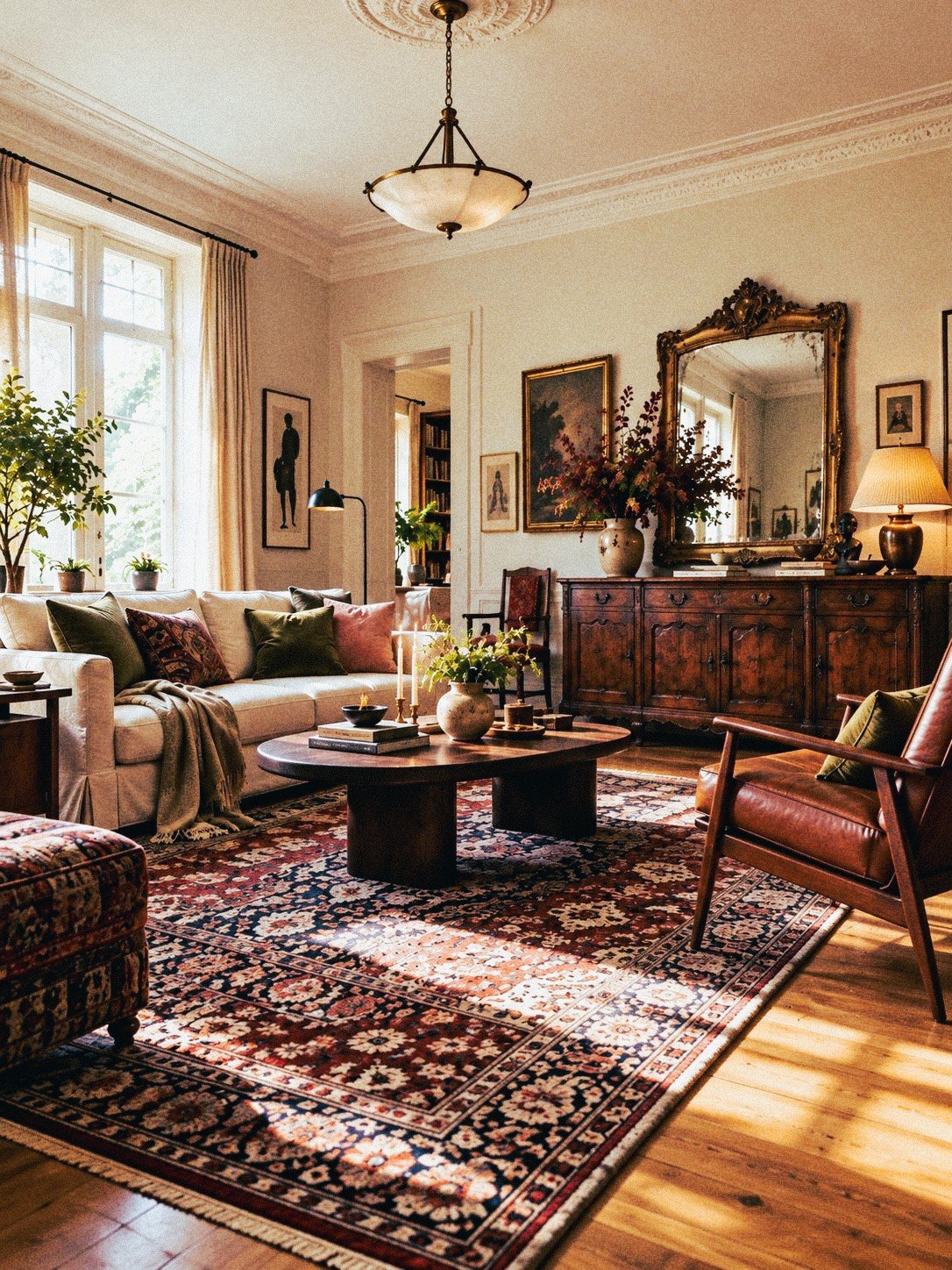 Vintage eclectic living room mixing a contemporary cream sofa, mid-century walnut chair and antique wooden sideboard.
