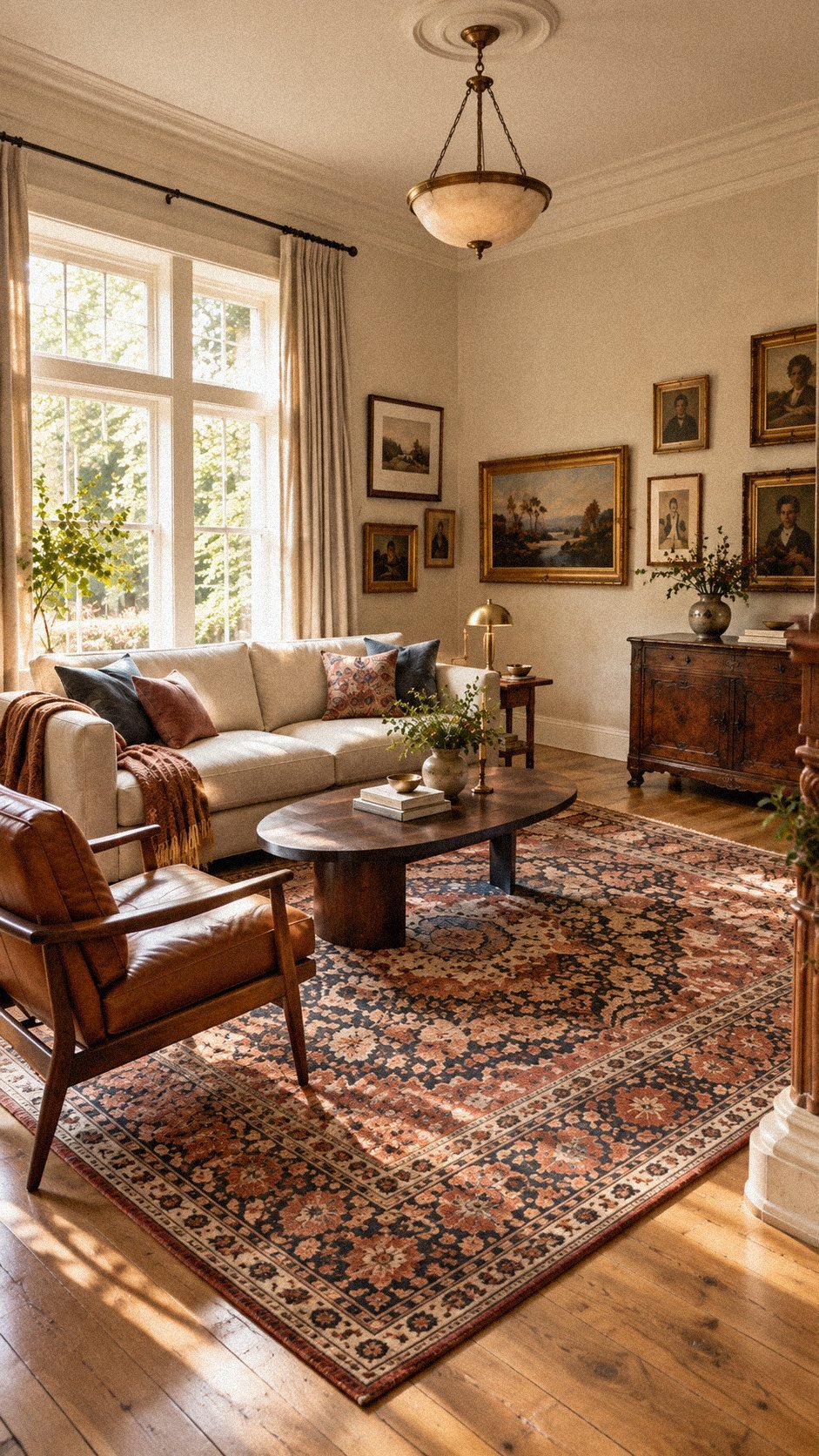 Vintage eclectic living room with a faded Persian-inspired rug, cream sofa, walnut furniture and dusty rose accents.