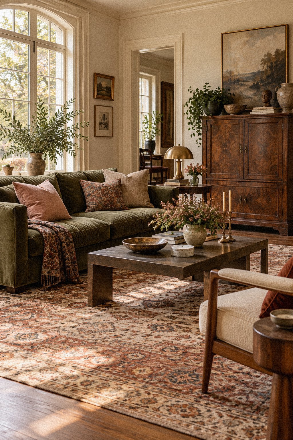 Vintage eclectic living room with olive green sofa, antique wood furniture, blush accents and warm brass lighting.
