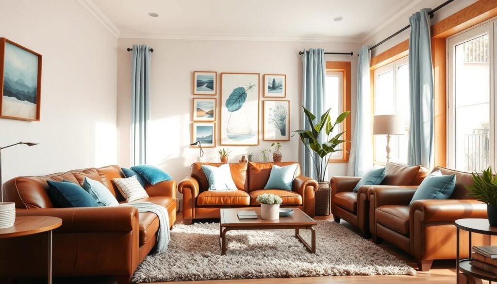 A cozy and inviting brown living room with plush leather furniture and warm wooden accents. Soft blue throw pillows and curtains provide complementary pops of color, creating a harmonious and serene ambiance. Natural light filters in through large windows, casting a gentle glow over the space. A well-curated gallery wall featuring abstract artwork adds visual interest, while a shaggy rug and potted plants bring a touch of nature indoors. The room is perfectly balanced, showcasing the beauty of pairing brown with complementary blue hues for a cohesive and comfortable design. A cozy and inviting brown living room with plush leather furniture and warm wooden accents. Soft blue throw pillows and curtains provide complementary pops of color, creating a harmonious and serene ambiance. Natural light filters in through large windows, casting a gentle glow over the space. A well-curated gallery wall featuring abstract artwork adds visual interest, while a shaggy rug and potted plants bring a touch of nature indoors. The room is perfectly balanced, showcasing the beauty of pairing brown with complementary blue hues for a cohesive and comfortable design.