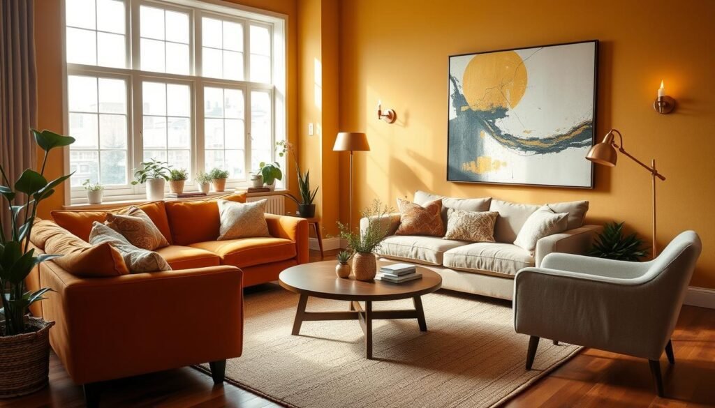 A cozy and inviting ochre yellow living room with natural light flooding in through large windows. Plush, textured furnishings such as a velvet sofa and linen armchair create a warm, welcoming atmosphere. Accent pieces like a mid-century modern coffee table and potted plants add pops of greenery, while a large abstract art piece hangs on the wall, complementing the earthy tones. Soft, ambient lighting from a brass floor lamp and wall sconces casts a gentle glow, highlighting the room's rich, autumnal palette. The hardwood floors are covered with a woven area rug, tying the space together seamlessly. An overall sense of comfort and timeless elegance pervades the scene. A cozy and inviting ochre yellow living room with natural light flooding in through large windows. Plush, textured furnishings such as a velvet sofa and linen armchair create a warm, welcoming atmosphere. Accent pieces like a mid-century modern coffee table and potted plants add pops of greenery, while a large abstract art piece hangs on the wall, complementing the earthy tones. Soft, ambient lighting from a brass floor lamp and wall sconces casts a gentle glow, highlighting the room's rich, autumnal palette. The hardwood floors are covered with a woven area rug, tying the space together seamlessly. An overall sense of comfort and timeless elegance pervades the scene.