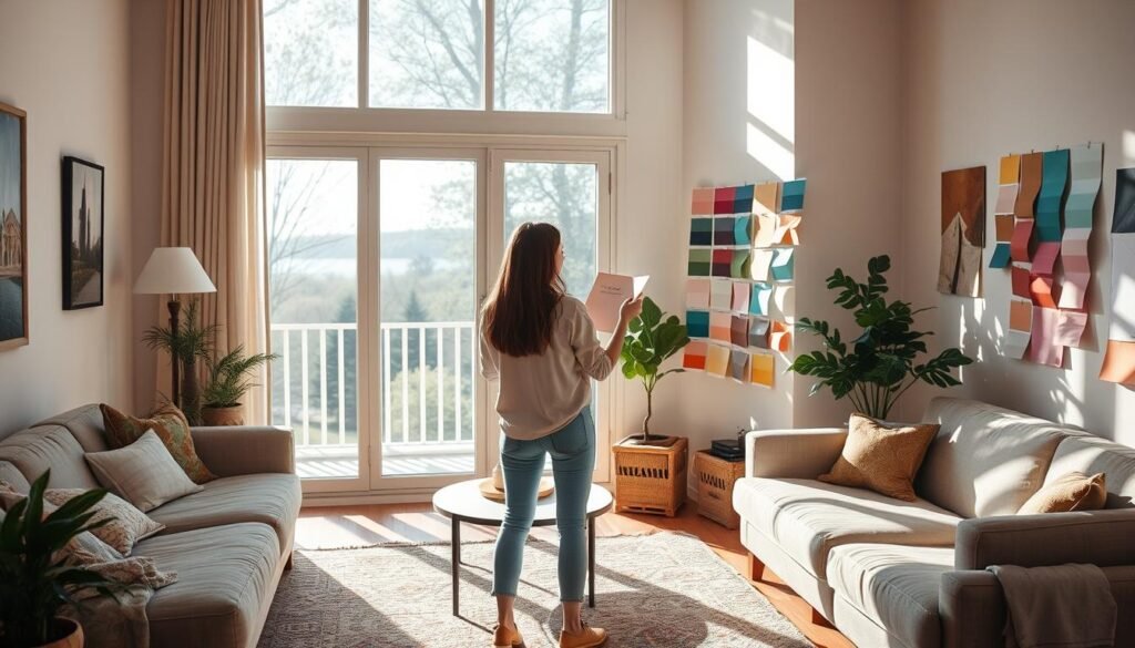 A cozy living room bathed in natural light, with a large window overlooking a serene outdoor scene. A young woman stands in the center, surrounded by various color swatches pinned to the walls, carefully studying the hues and how they interact with the room's lighting and furnishings. The scene has a sense of contemplation and experimentation, as the woman considers the perfect color palette for her living space. The room is filled with a warm, inviting atmosphere, encouraging the viewer to imagine themselves in this space, exploring the nuances of color and design. A cozy living room bathed in natural light, with a large window overlooking a serene outdoor scene. A young woman stands in the center, surrounded by various color swatches pinned to the walls, carefully studying the hues and how they interact with the room's lighting and furnishings. The scene has a sense of contemplation and experimentation, as the woman considers the perfect color palette for her living space. The room is filled with a warm, inviting atmosphere, encouraging the viewer to imagine themselves in this space, exploring the nuances of color and design.