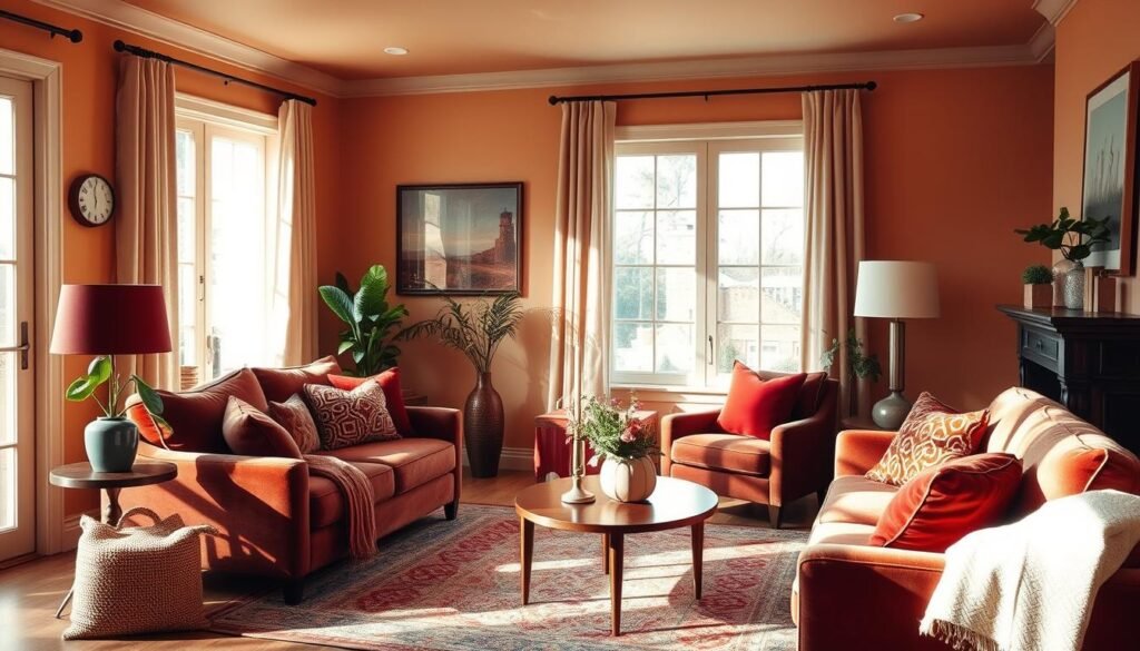 A cozy living room bathed in warm, inviting colors that evoke a sense of comfort and tranquility. The walls are painted in a soft, earthy tone, complemented by rich, jewel-toned accents such as plush velvet upholstery and decorative pillows. Natural light filters in through large windows, casting a gentle glow across the space. Carefully curated decor elements, including wooden furniture and potted plants, add depth and texture. The overall atmosphere is calming and harmonious, showcasing how color psychology can profoundly influence the mood and ambiance of a living space. A cozy living room bathed in warm, inviting colors that evoke a sense of comfort and tranquility. The walls are painted in a soft, earthy tone, complemented by rich, jewel-toned accents such as plush velvet upholstery and decorative pillows. Natural light filters in through large windows, casting a gentle glow across the space. Carefully curated decor elements, including wooden furniture and potted plants, add depth and texture. The overall atmosphere is calming and harmonious, showcasing how color psychology can profoundly influence the mood and ambiance of a living space.
