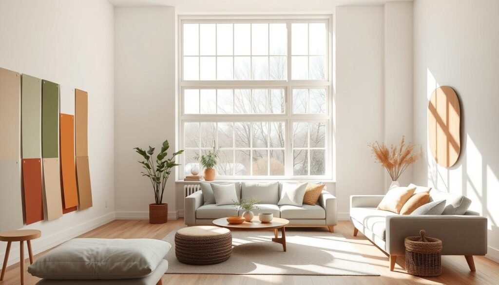 A pristine living room in a modern, light-filled space. Vibrant, eco-friendly paint samples in earthy hues of sage, terracotta, and soft blue line the walls, showcasing sustainable, non-toxic options for the 2025 decor trends. Sunlight streams through large windows, casting a warm, natural glow on the paint samples. A minimalist, Scandinavian-inspired design aesthetic pervades the scene, creating a serene and inviting atmosphere. The paint samples are displayed in an organized, visually appealing manner, highlighting their rich colors and matte finishes. An overall sense of environmental consciousness and design elegance is conveyed. A pristine living room in a modern, light-filled space. Vibrant, eco-friendly paint samples in earthy hues of sage, terracotta, and soft blue line the walls, showcasing sustainable, non-toxic options for the 2025 decor trends. Sunlight streams through large windows, casting a warm, natural glow on the paint samples. A minimalist, Scandinavian-inspired design aesthetic pervades the scene, creating a serene and inviting atmosphere. The paint samples are displayed in an organized, visually appealing manner, highlighting their rich colors and matte finishes. An overall sense of environmental consciousness and design elegance is conveyed.