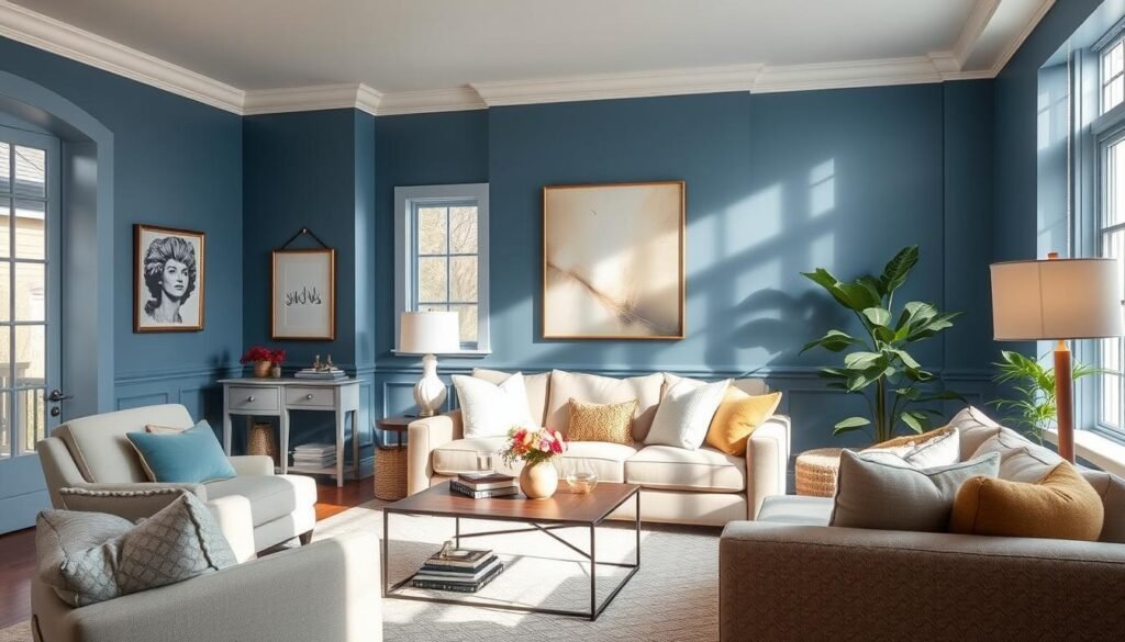 Generate an image of a living room painted with Cloudy Blue by Pittsburgh Paints, featuring plush furniture and strategic lighting. An image of a living room painted with Cloudy Blue by Pittsburgh Paints, featuring plush furniture and strategic lighting.