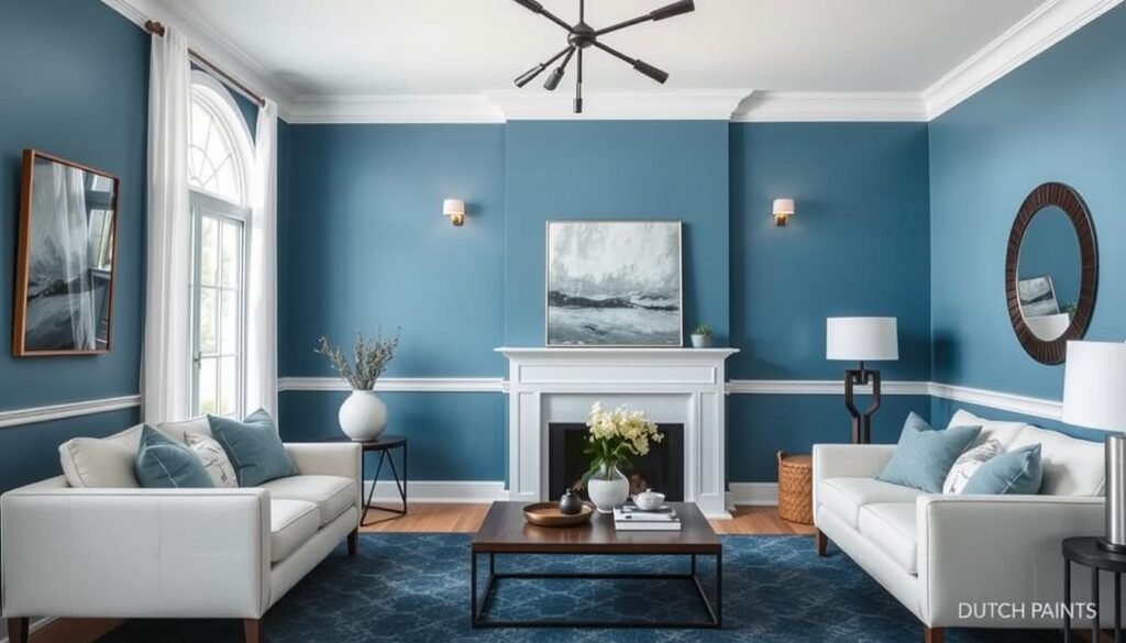 Generate an image of a living room painted with Dutch Boy Paints' Mapped Blue, showcasing its versatility in a modern decor setting. an image of a living room painted with Dutch Boy Paints' Mapped Blue, showcasing its versatility in a modern decor setting.